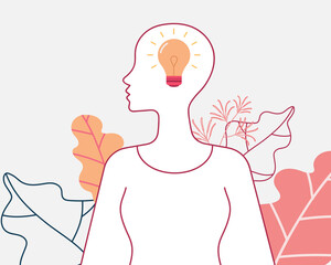 Woman thinking with idea light bulb in head and tropical leaves,  Flat vector illustration, Business concept of creating new good ideas.