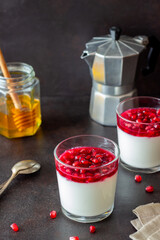 Italian dessert panna cotta with pomegranate. Vegetarian food. Healthy eating. Recipe.
