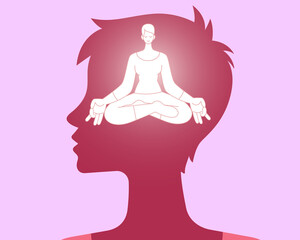 Yong woman sitting in lotus position in head, Meditation, Flat vector illustration, Business concept of creating new good ideas.