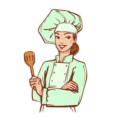 Woman dressed as a chef holding a spoon. Pretty smiling girl in a cook suit and hat. Hand drawn vintage drawing. Stock vector illustration.