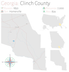 Large and detailed map of Clinch county in Georgia, USA.
