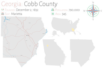 Large and detailed map of Cobb county in Georgia, USA.