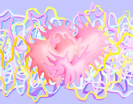 stylized unusual three hearts in graffiti style on the walls, 3d render