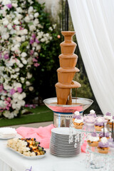 Close up chocolate fountain on the wedding reception.