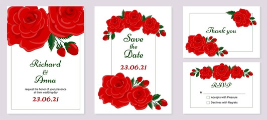 Design of templates for invitation cards for the wedding ceremony. Red roses on a white background. Can be used to advertise cosmetics, spa, beauty salon