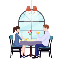 Loving couple is drinking tea in a cafe. A man and a woman are sitting at a table in a cozy restaurant. Vector illustration in a flat style