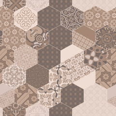 Hexagonal Azulejos tiles mosaic vector seamless pattern