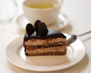 chocolate cake and a cup of tea