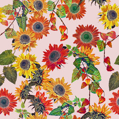 Sunflowers with physiallis and leaves, seamless pattern.