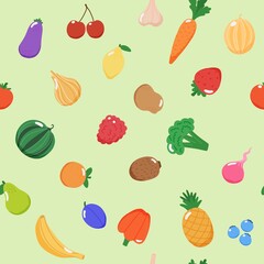 Fruits and vegetables seamless pattern, vector illustration in flat style