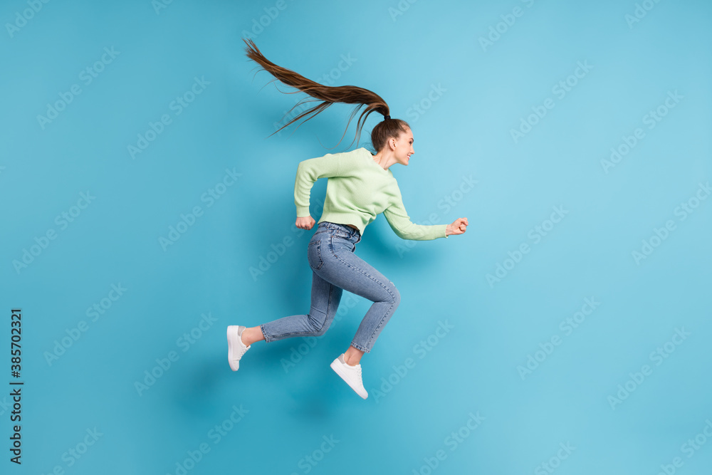 Sticker full length body size side profile photo of jumping running hurrying girl with long hair ponytail is