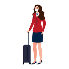 New normal of stewardess woman with mask and travel bag design of covid 19 virus and prevention theme Vector illustration