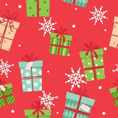 Christmas presents seamless pattern, different boxes with ribbons. Vector illustration in flat style