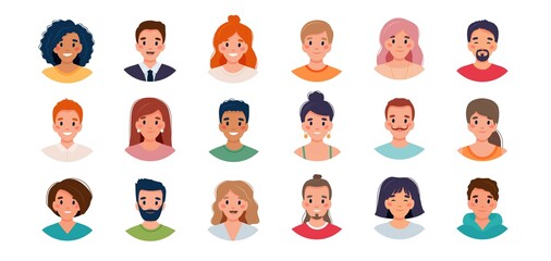 People avatar set. Diversity group of young men and women. Vector illustration in flat style - obrazy, fototapety, plakaty