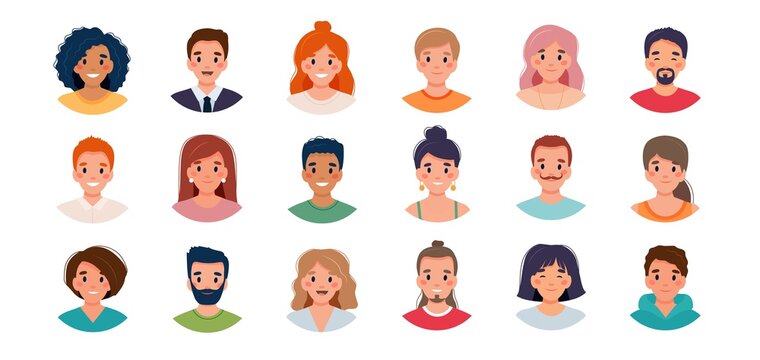 People avatar set. Diversity group of young men and women. Vector illustration in flat style