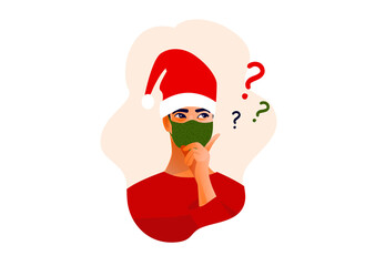 Thinking man in Christmas hat and mask. Beautiful face, doubts, problems, thoughts, emotions. Curious man questioning, question mark. Vector illustration