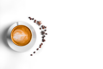 Coffee and grains of coffee on a white background. cappuccino coffee