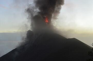 Camping with a view to a volcano eruption on Fuego and the active Volcan Acatenango in Guatemala