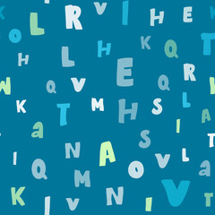 Vector illustration of seamless pattern with letters. Abstract alphabet background. typography pattern. Hand drawn vector backdrop. letters on blue background