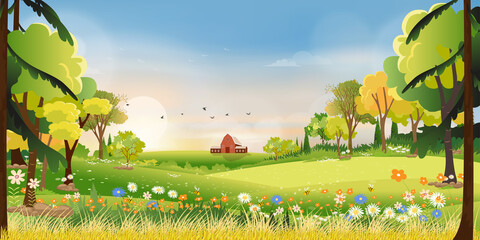 Panorama landscape of spring village with green meadow on hills and blue sky, Vector Summer or Spring landscape, Panoramic countryside of green field with farmhouse, barn and grass flowers