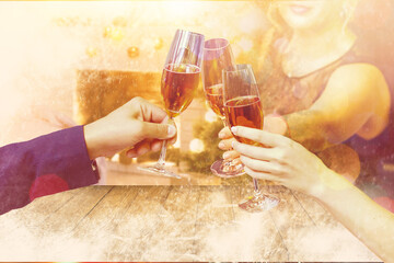 Two glasses of champagne with lights in the background. christmas background