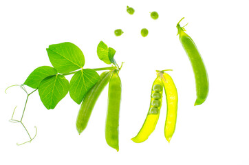 Pods and shoots of green peas isolated on white background.