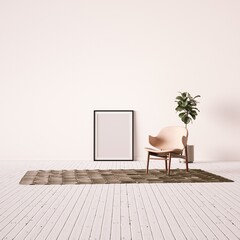 Minimal Room with Designer Armchair, Carpet, Indoor Plant and Empty Frame Mockup.