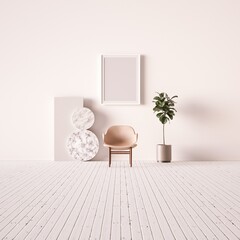 Minimal Room with Designer Armchair, Indoor Plant and Empty Frame Mockup.