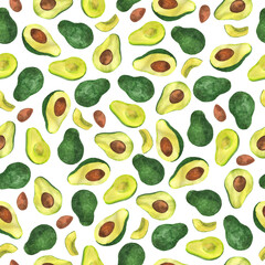 Seamless pattern with fresh green avocado on white background. Hand drawn watercolor illustration.
