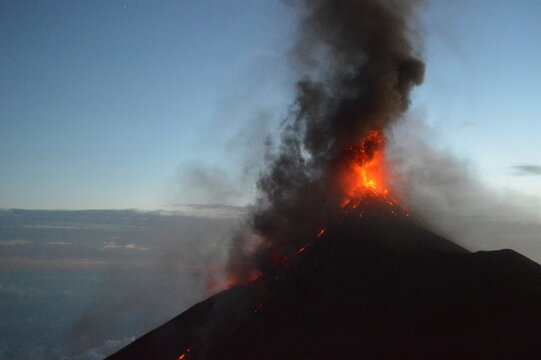 The volcano Fuego erupting with exploding lava, magma and ashes in Guatemala