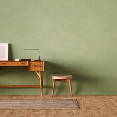 Scandinavian Work Desk with Stool and Small Frame Mockup on Desktop.