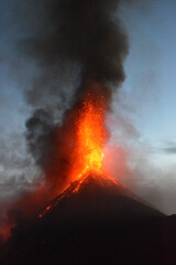 The volcano Fuego erupting with exploding lava, magma and ashes in Guatemala