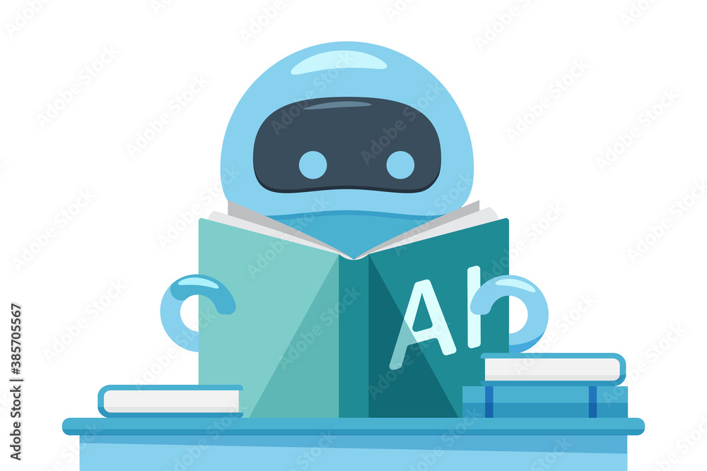 Poster Robot or bot reading AI exercise book.
