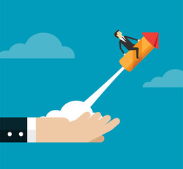 Businessman riding a rocket from big hand