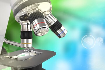 Medical study concept, medical 3D illustration of lab electronic scientific microscope with flare on colorful overlay background