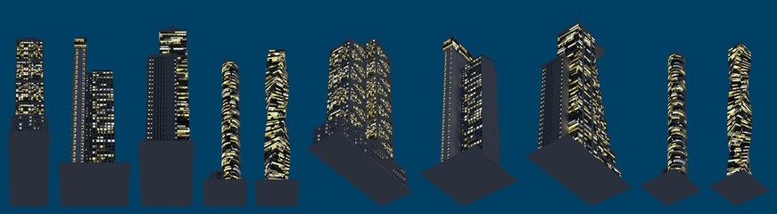 Fototapeta premium 3d illustration of architecture - various fictional architecture at night time with lights turned on - isolated on dark blue, bottom view