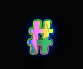 Colorful dichroic alphabet - number sign isolated on grey, 3D illustration of symbols