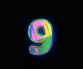 Colorful dichroic font - number 9 isolated on grey, 3D illustration of symbols