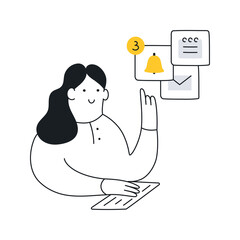 Multitasking woman at the workplace. Checking mail, notifications, reminders, schedule, working at the computer. Clean modern elegant vector illustration on white