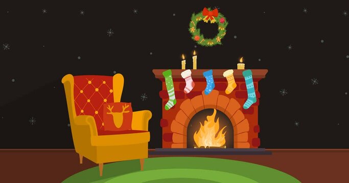 Vector animation of appearance of Christmas wreath, socks, New Year's gifts, and bonfire and candles burning on fireplace in cozy room with armchair