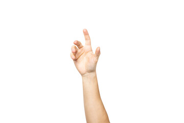 empty male hand holding palm up. Man's hand holding an invisible object on a light background. Hand gesture