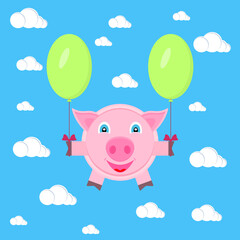 Pink pig, piglet flies on green balloons in the blue sky with clouds. Vector illustration.