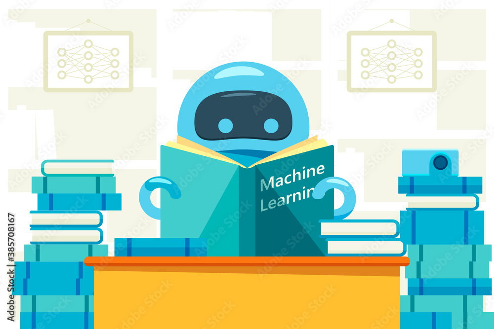 Poster Robot or bot reading machine learning exercise book.