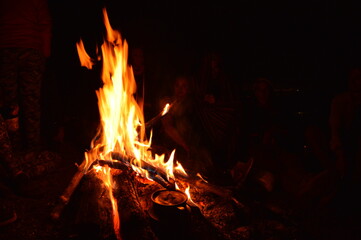 Sunrise hiking and camping on the active Volcan Acatenango with a view to the volcano Fuego eruption - Guatemala
