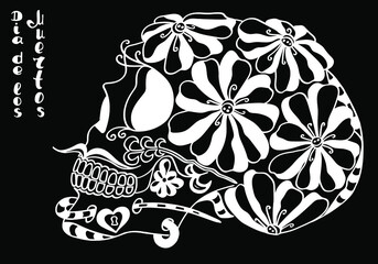 Mexican holiday Day of the Dead Celebration Festival and Halloween. Sugar skull  for poster, card, print, emblem, sign, tattoo, t-shirt. background. .  Black and white vector illustration 

