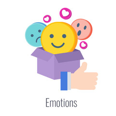 Social media emotions infographics icon. Emoticons come out of the box. Thumbs up and hearts. Strategy, management and marketing. Flat vector illustration.