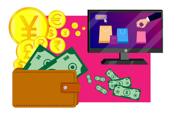 Obraz premium Online payments, online purchases. On the screen of a monitor buyer's hand holds out the package with the purchase