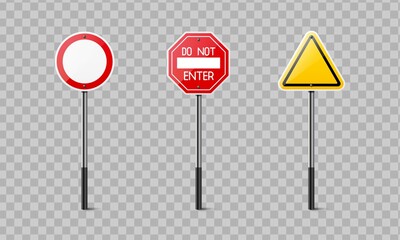 Realistic traffic sign on metal column. Stop, caution, warning symbol