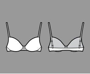 Bra front closure lingerie technical fashion illustration with full adjustable shoulder straps, molded cups. Flat brassiere template front back white color style. Women men unisex underwear CAD mockup