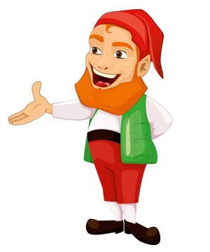 Christmas gnome, santa's helper, leprechaun. Indicates with his hand. vector on white background
